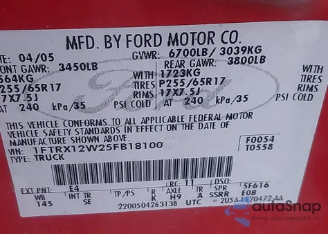 2005 Ford F-150 Stx/Xl/Xlt from USA, damaged, VIN 1FTRX12W25FB18100